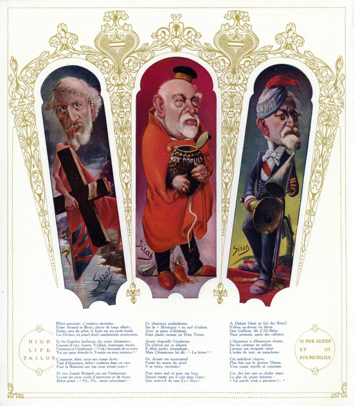 Franske politiske karikaturer (farve litho) af Joseph Sirat