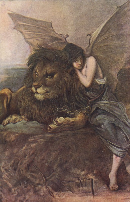 Løve og bevinget kvinde (farve litho) af Joszi Arpad Koppay