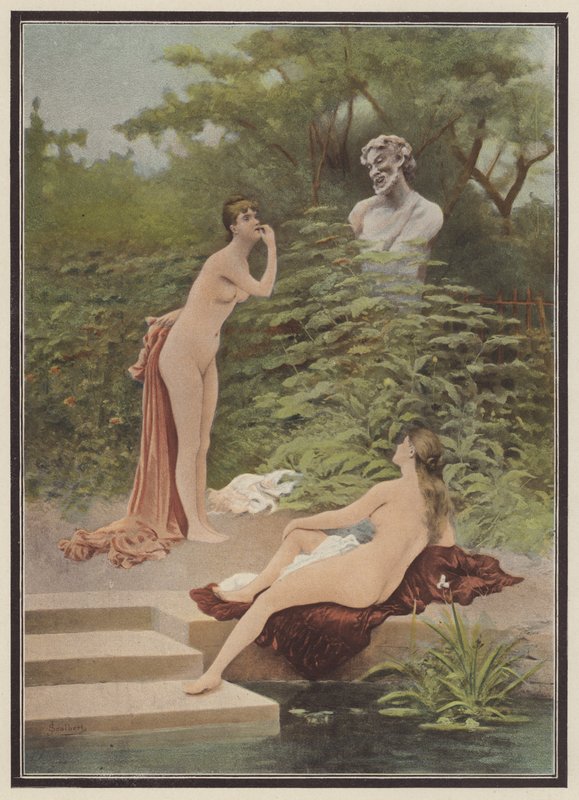 Hån, kvinder bader (farve litho) af Jules (after) Scalbert