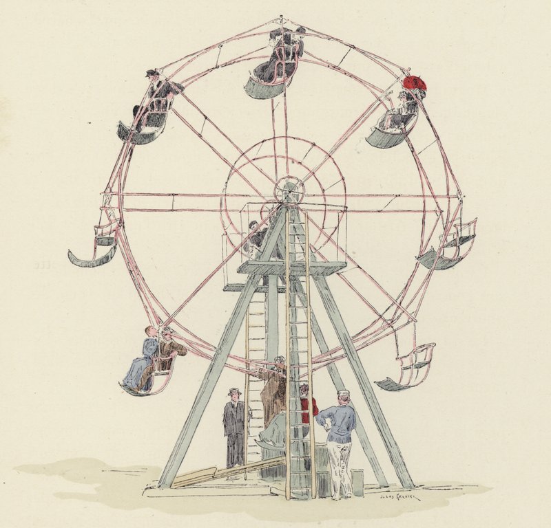 Fairground hjul (farve litho) af Jules Arsene (after) Garnier