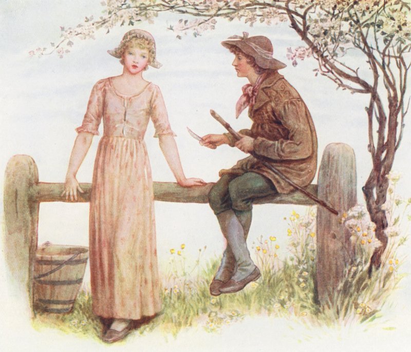 Two at a Stile (farvelitografi) af Kate (after) Greenaway