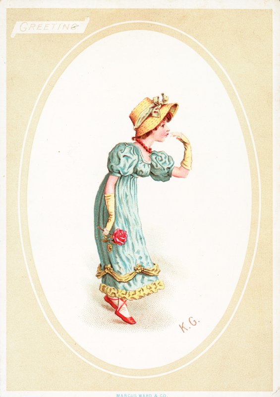 Lykønskningskort (chromolitho) af Kate Greenaway
