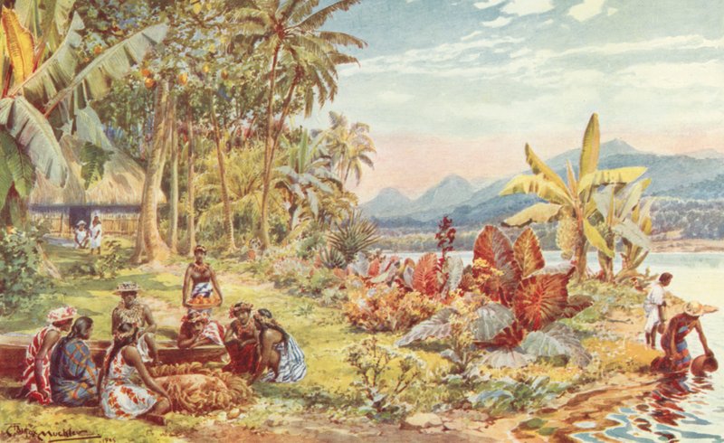 Scene på Tahiti (farve litho) af Louis Fairfax Muckley