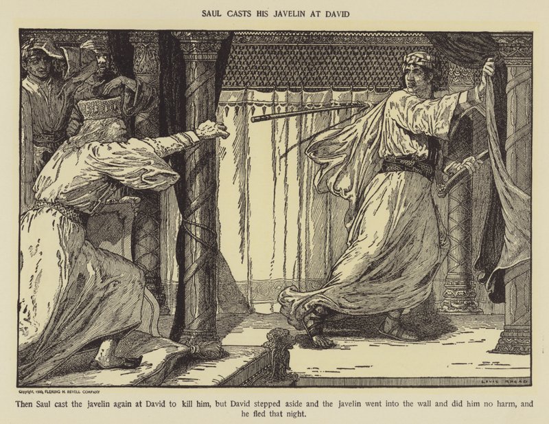 Saul kaster sit spyd mod David af Louis John Rhead