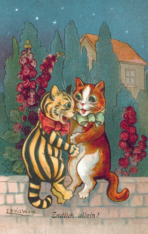 Humoristisk kattepostkort (farvelitografi) af Louis Wain