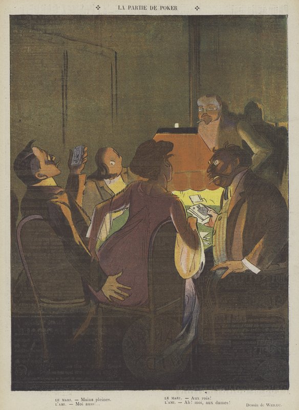 Pokerspillet (farve litho) af Lucien Henri Weiluc