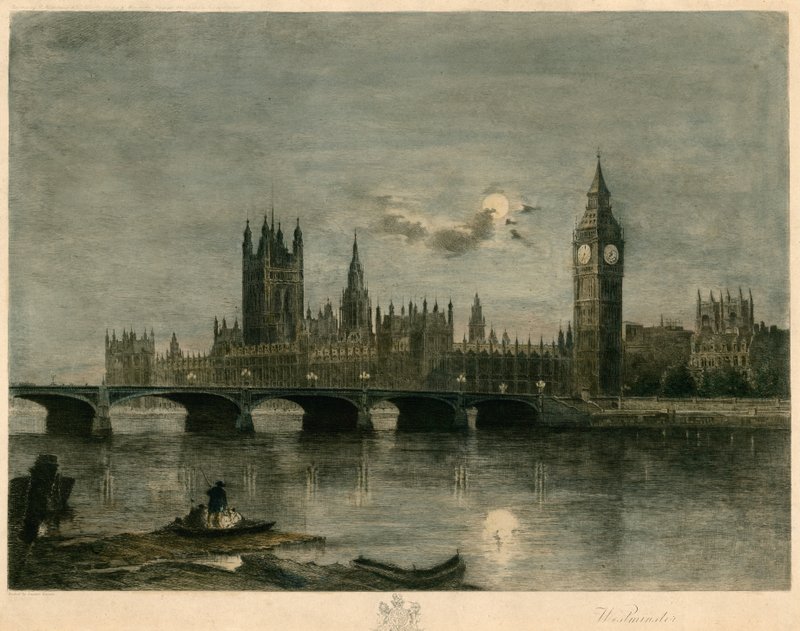 Westminster om natten farvet gravering af Lucien Marcelin Gautier