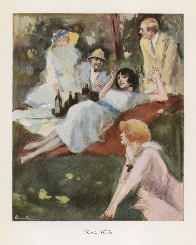 Hvil i skoven (farve litho) af Ludwig Lutz Ehrenberger
