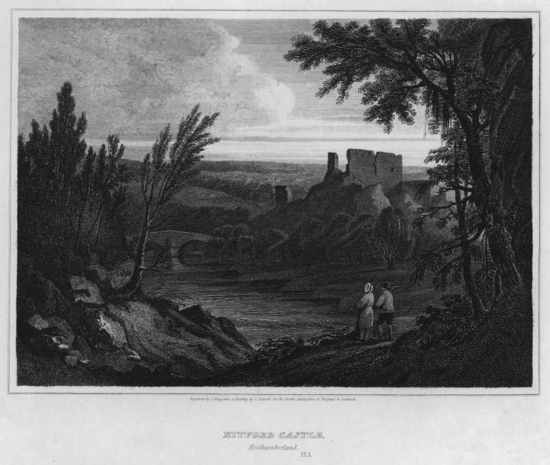 Mitford Castle, Northumberland (gravering) af Luke (after) Clennell