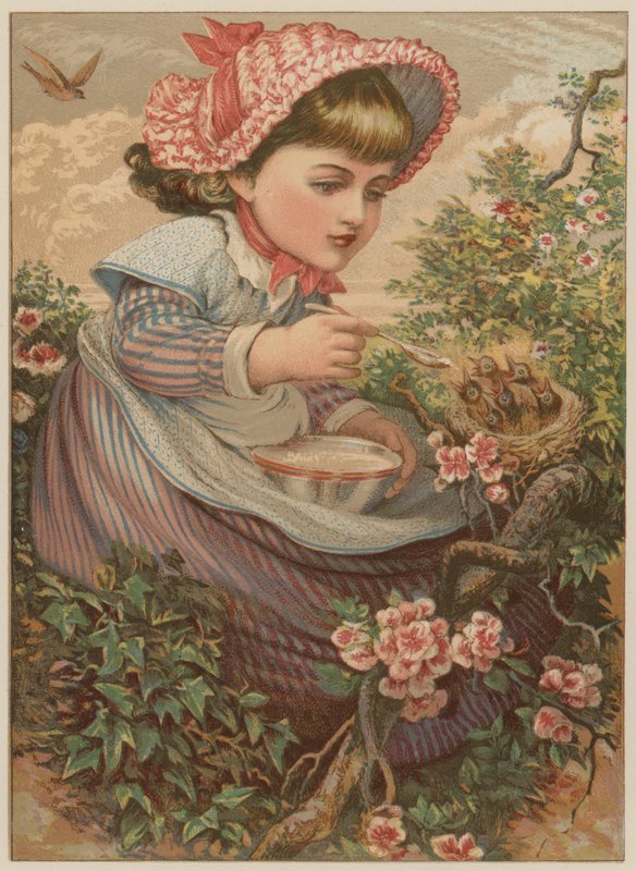 Pige fodrer fugleunger (chromolitho) af Mary Ellen Edwards
