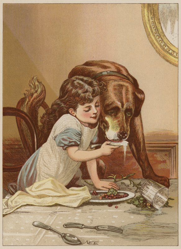 Pige fodrer hund (chromolitho) af Mary Ellen Edwards