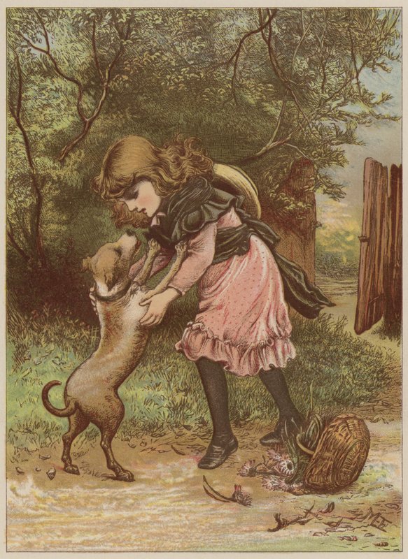 Pige leger med hund (chromolitho) af Mary Ellen Edwards