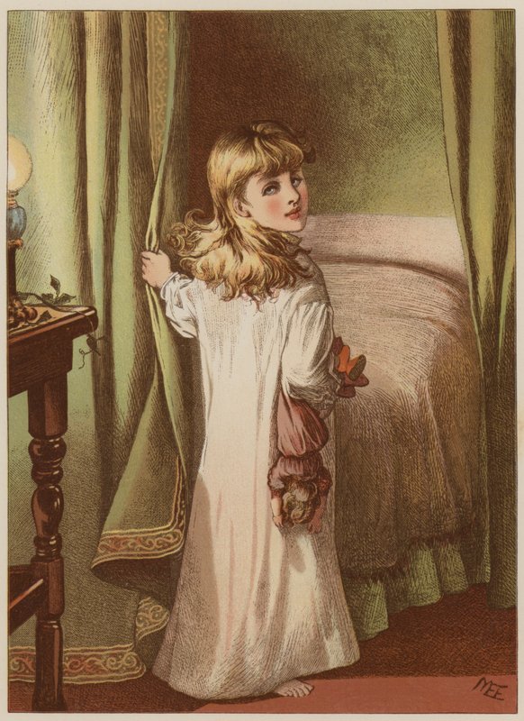 Pige går i seng (chromolitho) af Mary Ellen Edwards