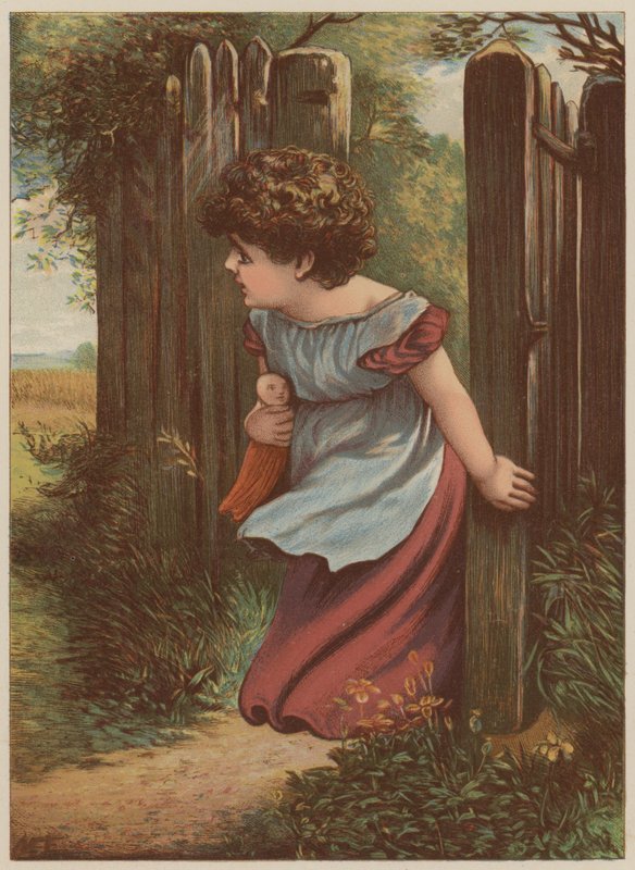 Pige venter på postbud (chromolitho) af Mary Ellen Edwards