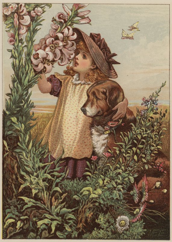Pige med hund, der lugter til blomster (chromolitho) af Mary Ellen Edwards