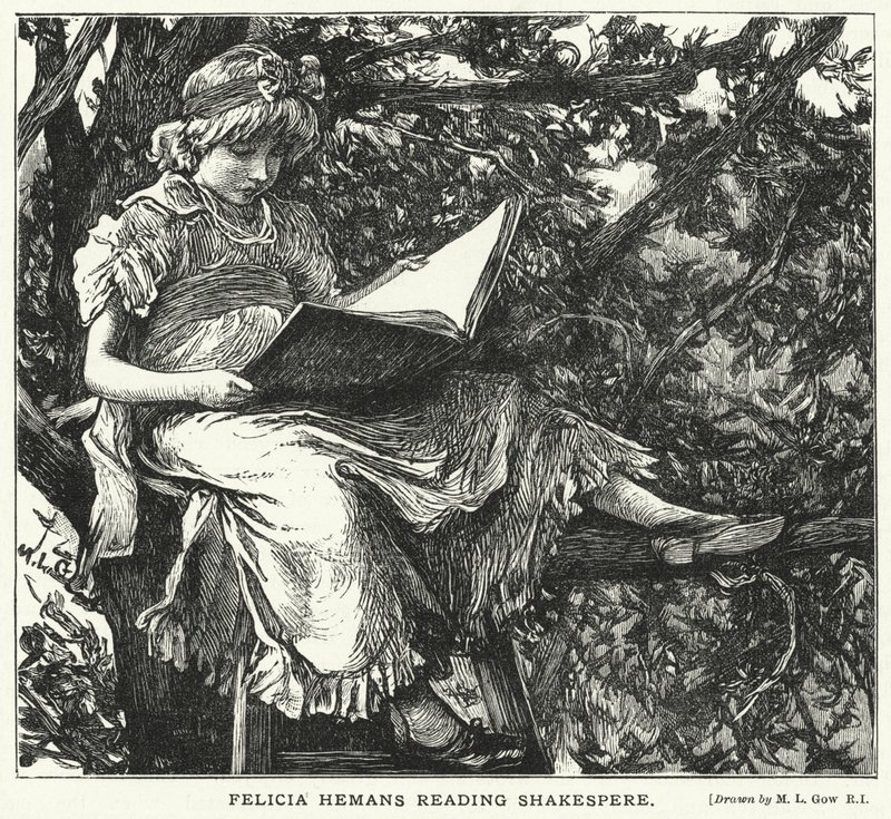 Felicia Hemans Reading Shakespere (gravering) af Mary L. Gow