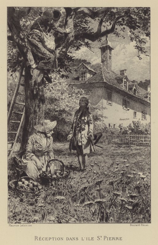 Rousseaus reception på Ile St Pierre (gravering) af Maurice Leloir