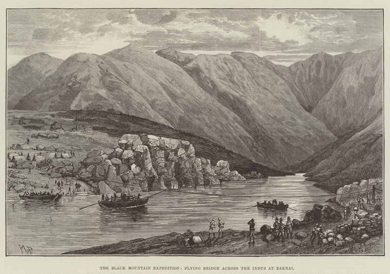 The Black Mountain Expedition, Flying Bridge over Indus ved Bakrai af Melton Prior