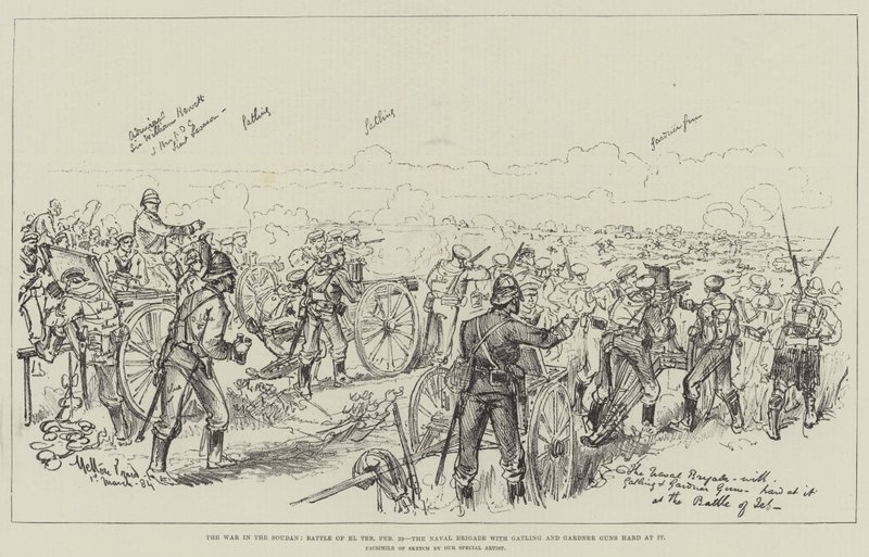 The War in the Soudan, Slaget ved El Teb, 29. februar, flådebrigaden med Gatling og Gardner Guns hårdt på det af Melton Prior