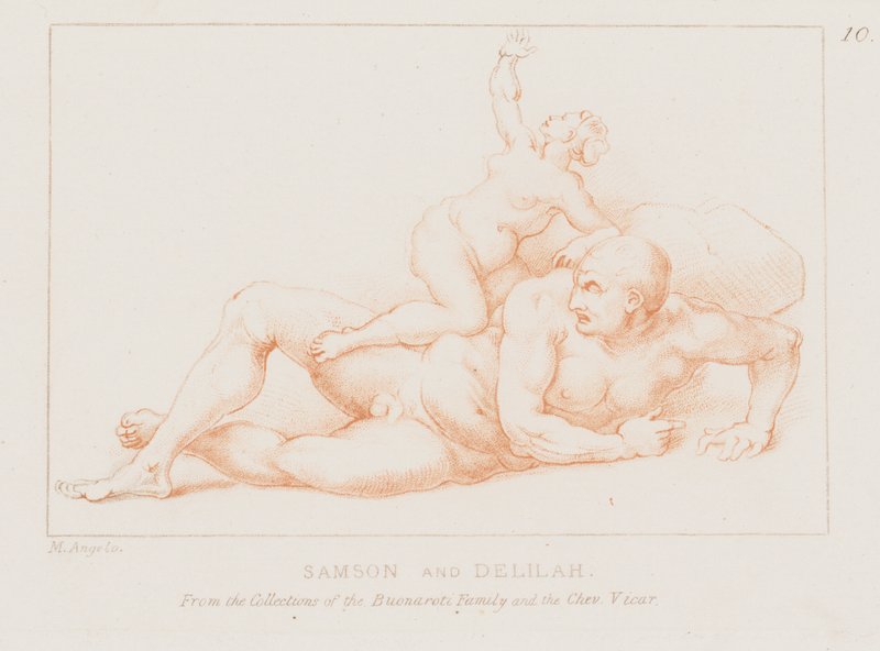 Samson og Delila (ætsning) af Michelangelo (after) Buonarroti