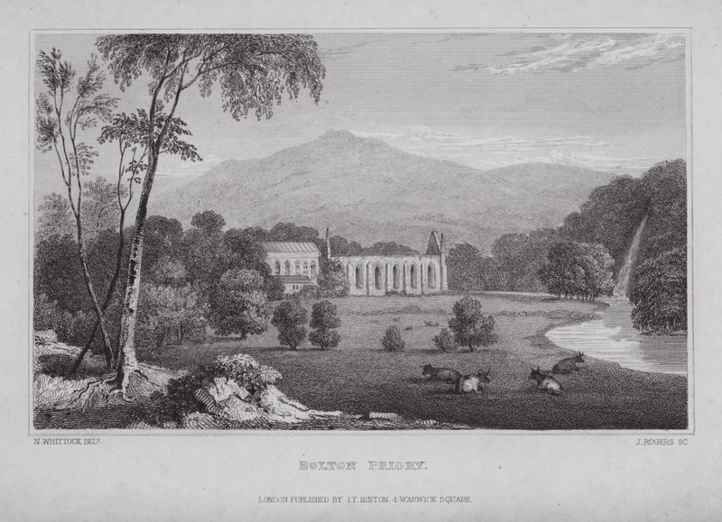 Bolton Priory (gravering) af Nathaniel (after) Whittock