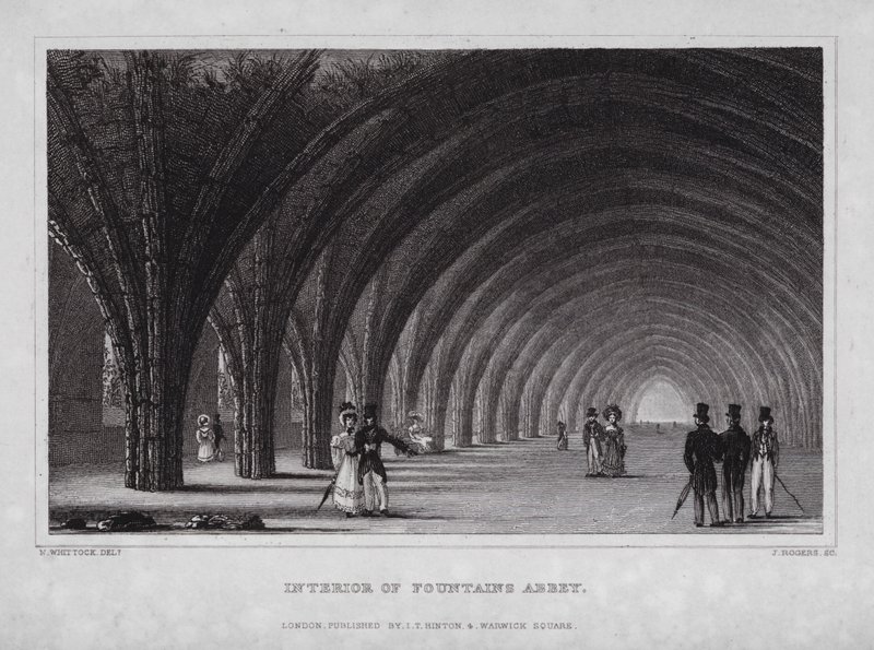 Interiør af Fountains Abbey (gravering) af Nathaniel (after) Whittock