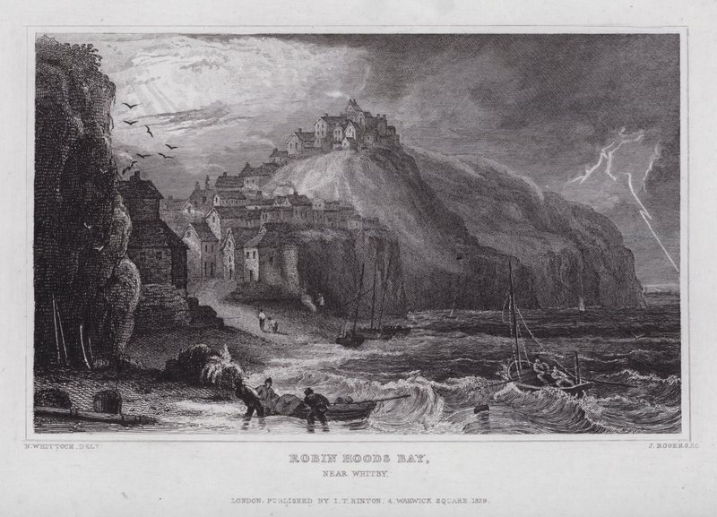 Robin Hoods Bay, nær Whitby (gravering) af Nathaniel (after) Whittock