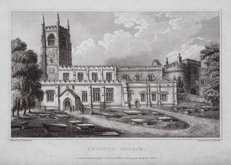 Skipton Church (gravering) af Nathaniel (after) Whittock