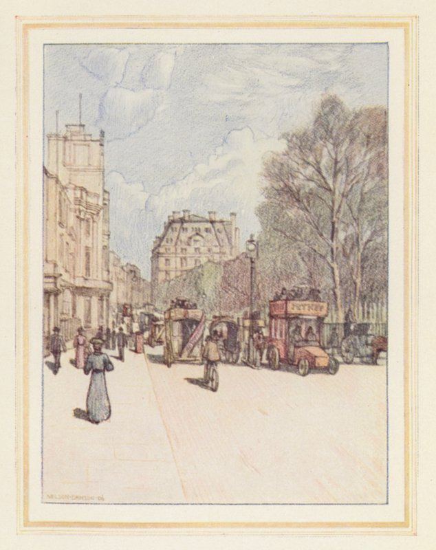 Piccadilly set mod øst (farvelitografi) af Nelson Dawson