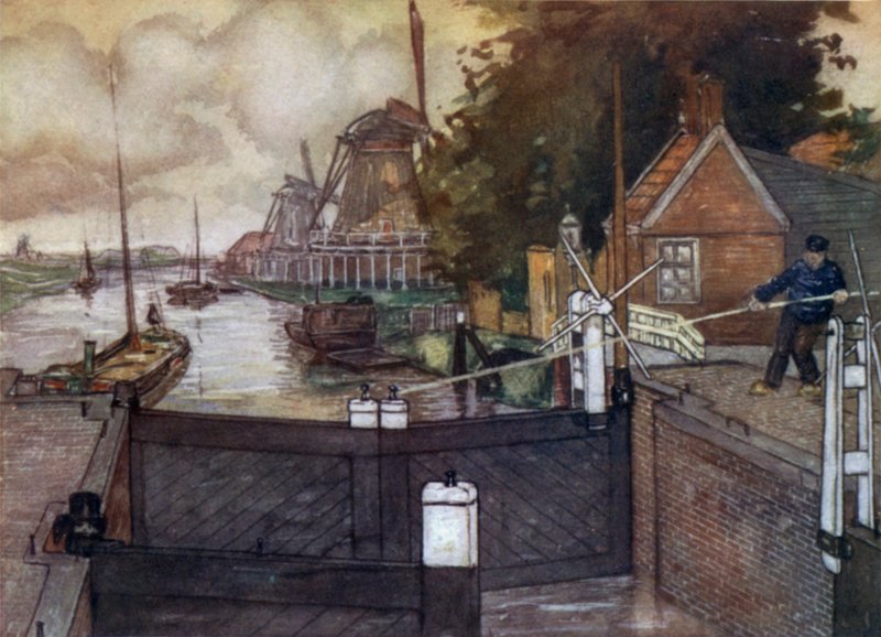 Noordervaldeursluis, Zaandam (farve litho) af Nico Jungman