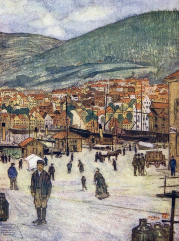 Norge: Bergen (farve litho) af Nico Jungman