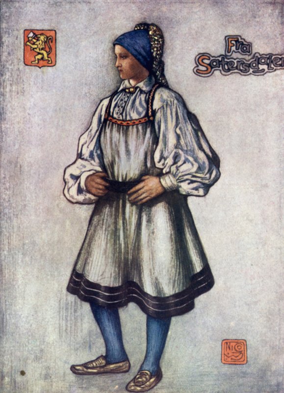 Norge: Saetersdalen Bondepige (farve litho) af Nico Jungman