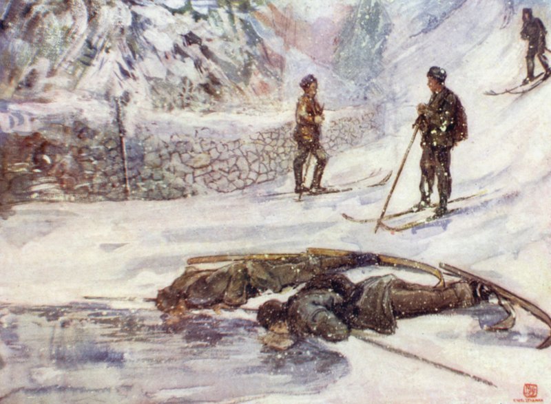 Norge: Skiløbere drikker gåsevin (farve litho) af Nico Jungman