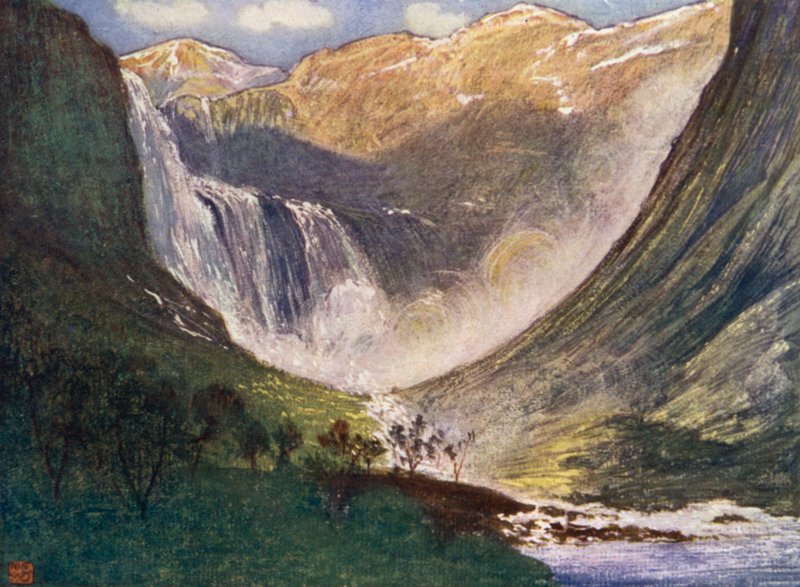 Norway: Skjaeggedalsfos, Hardanger (colour litho) af Nico Jungman
