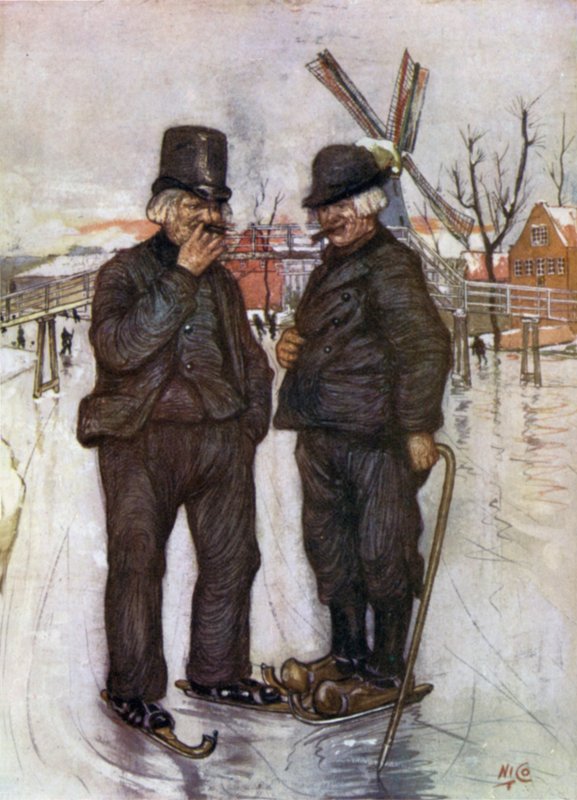 Gamle hollændere på skøjter (farve litho) af Nico Jungman