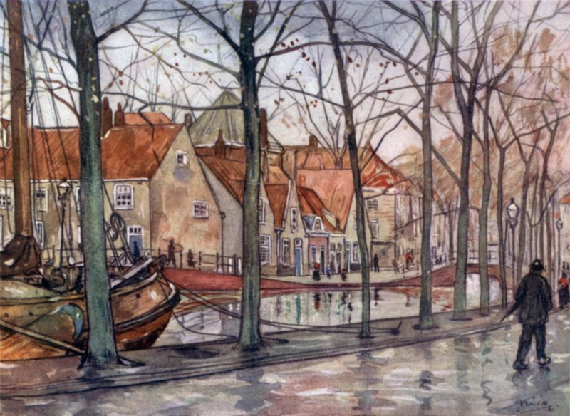 Havnen, Haag (farve litho) af Nico Jungman