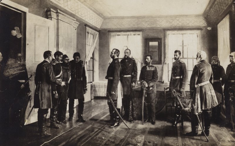 Den fangede osmanniske general Osman Pasha præsenteret for zar Alexander II af Rusland efter at have overgivet sig ved belejringen af Pleven, den russisk-tyrkiske krig 1877-1878 af Nikolai Dmitrievich Dmitriev Orenburgsky