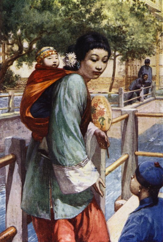 Kina: Pige og baby (farve litho) af Norman Hardy
