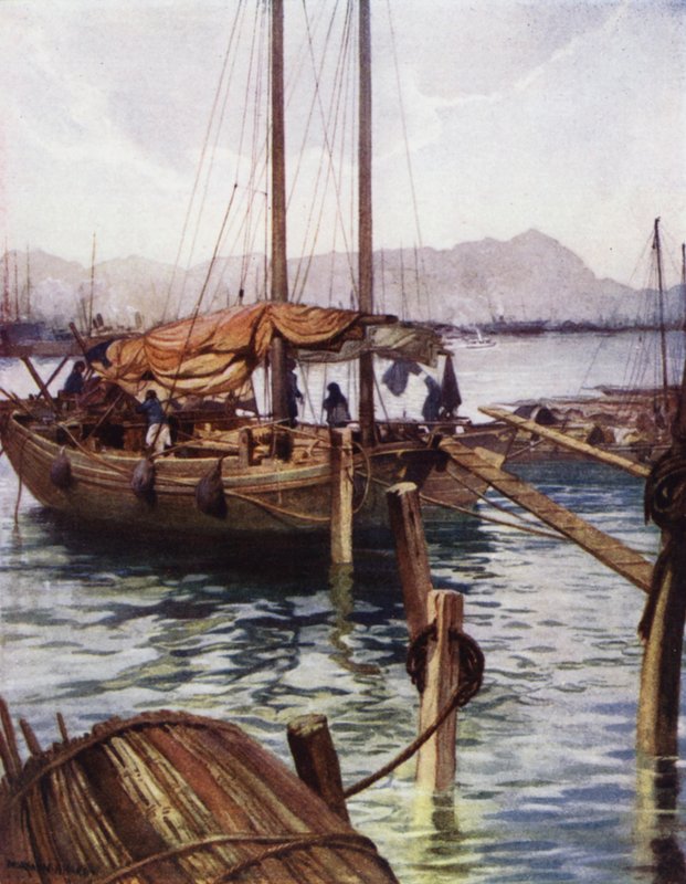 Kina: Hong Kong havn (farve litho) af Norman Hardy