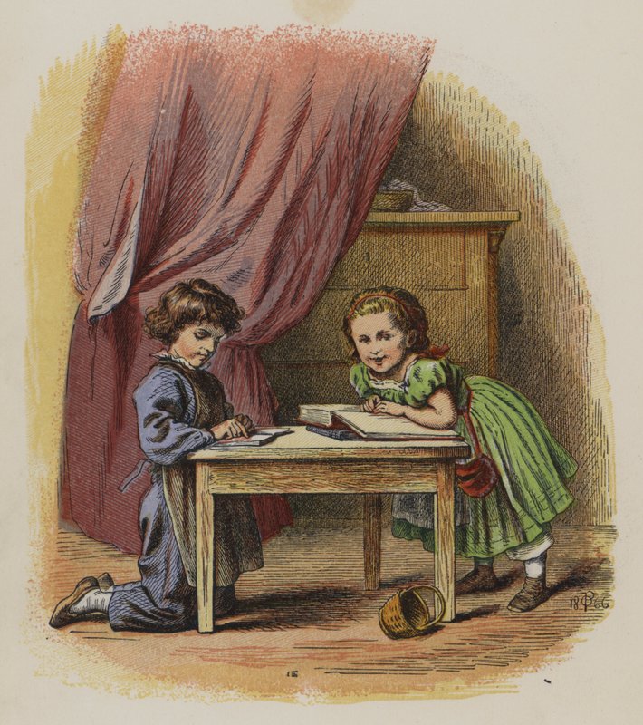 To børn læser bøger (farve litho) af Oskar Pletsch