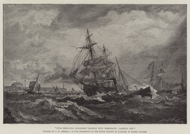 Slæbebåde bringer handicappede fartøjer ind i Ramsgate og kaster af sted af Oswald Walters Brierly