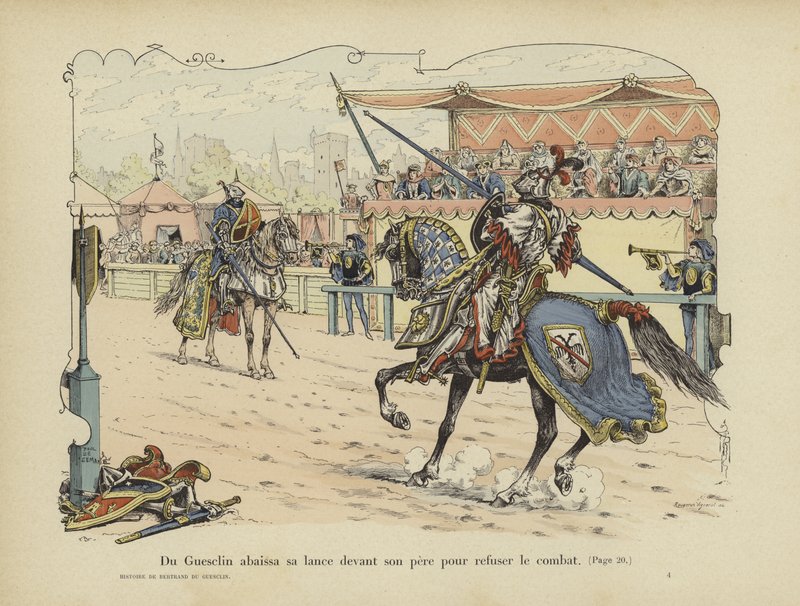 Bertrand du Guesclin sænker sin lanse foran sin far for at tilkendegive, at han nægter at bekæmpe ham, Rennes, 1337 af Paul de Semant