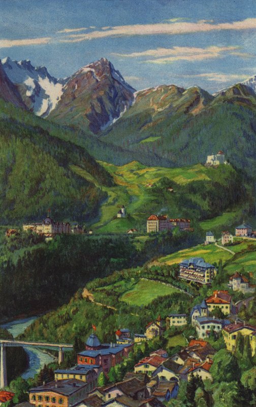 Schweiziske kurbade: Tarasp, Schuls, Vulpera (farve litho) af Paul Kutscha
