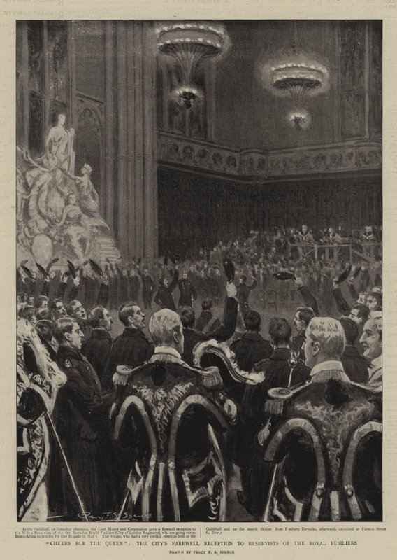 Skål for dronningen, byens afskedsreception for reservister fra Royal Fusiliers af Percy F.S. Spence
