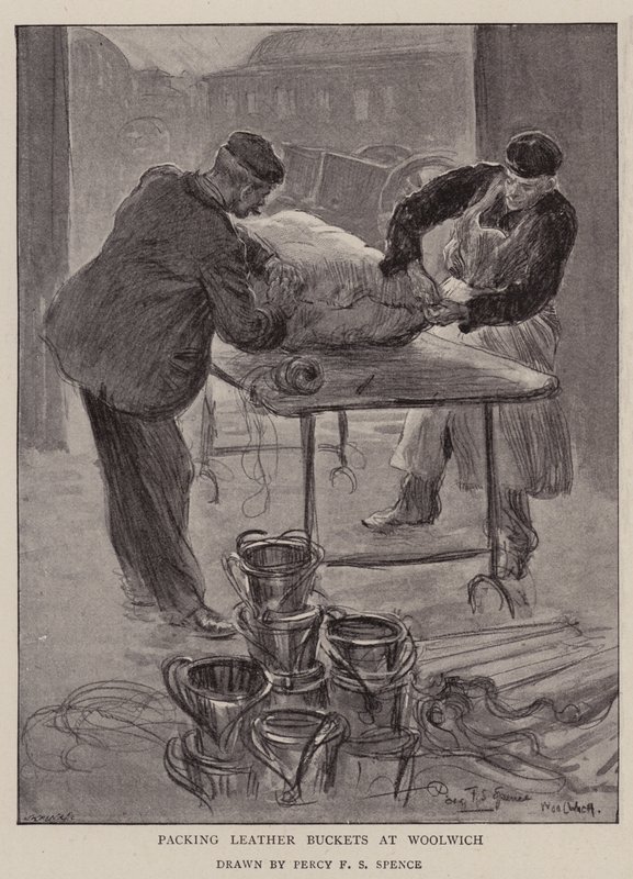 Pakning af læderspande hos Woolwich af Percy F.S. Spence