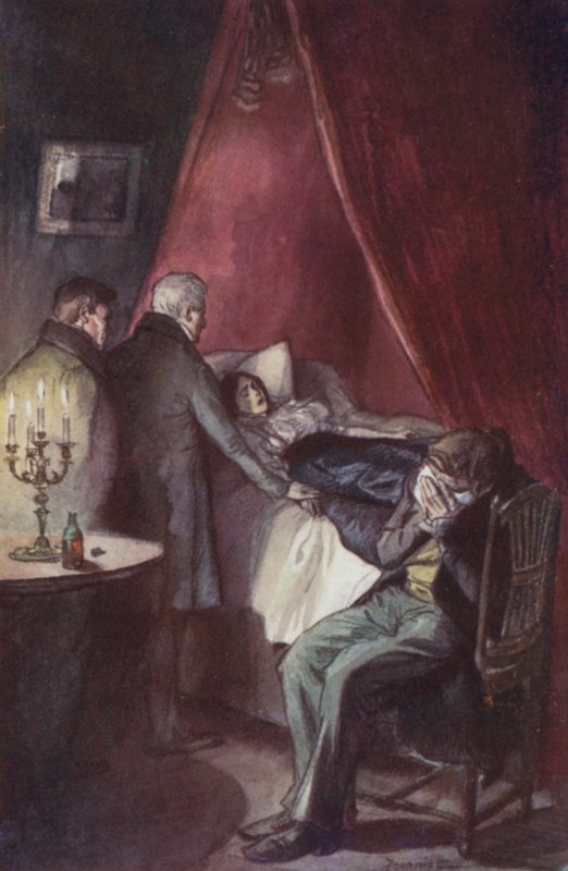Emma, med hagen sunket på brystet, lå med åbne, stirrende øjne af Pierre Georges Jeanniot