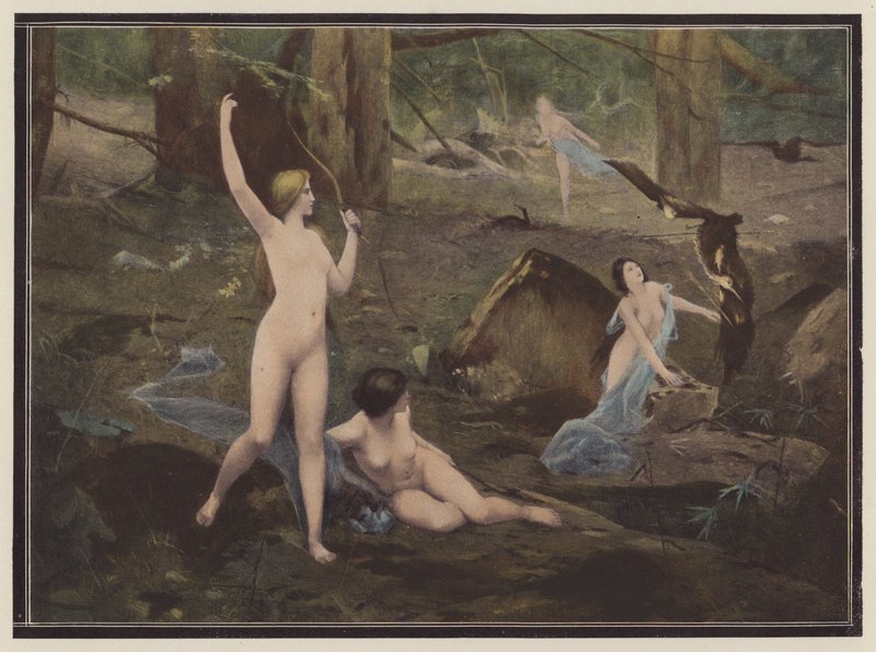 Jægerinderne (farve litho) af Pierre Bellet