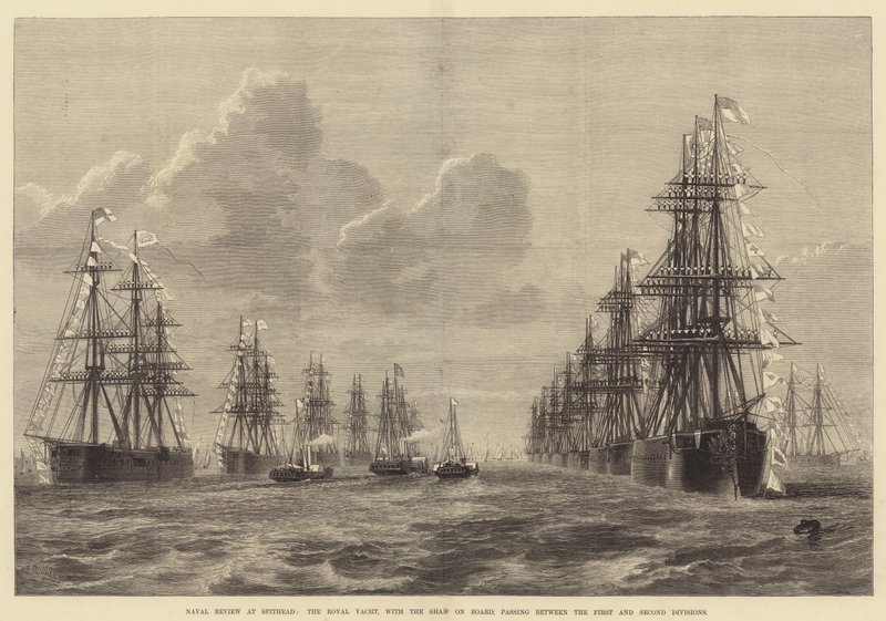 Naval Review på Spithead, Royal Yacht, med Shahen ombord, der passerer mellem første og anden division af R. Dudley