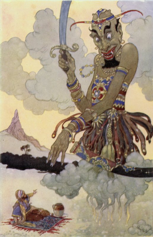 An Angry Genie (farve litho) af René Bull