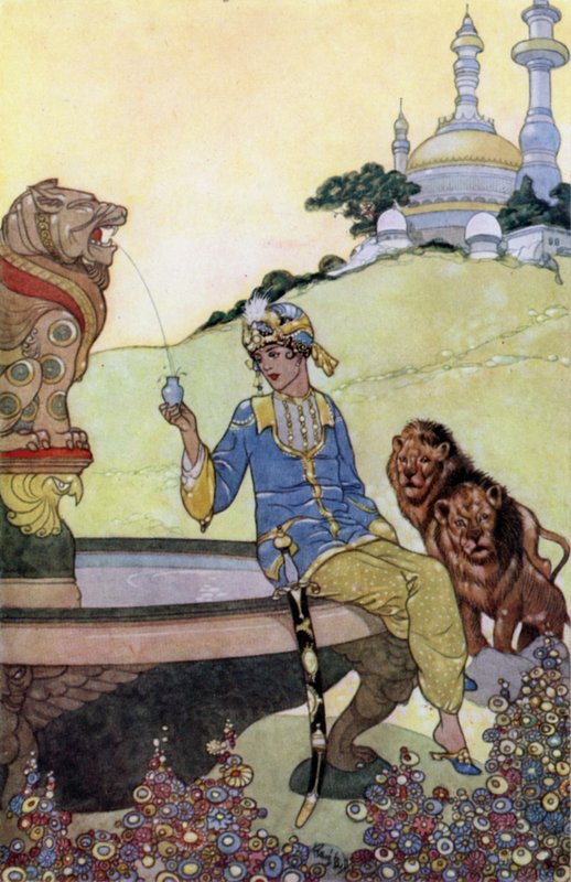 Prins Ahmed fylder sin flaske (farve litho) af René Bull